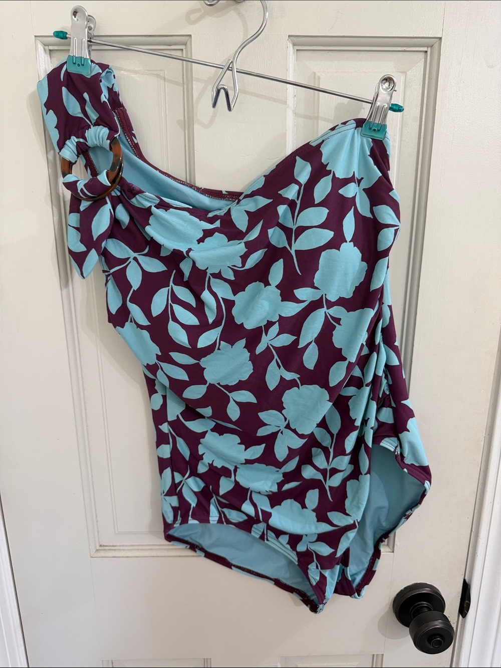 kate spade One-Shoulder Floral swimsuit in Aqua and Plum